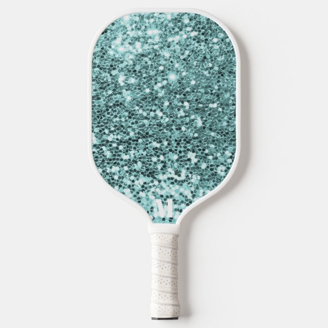 Chic Blue White Glittery Sparkles Modern Monogram Pickleball Paddle (Front)