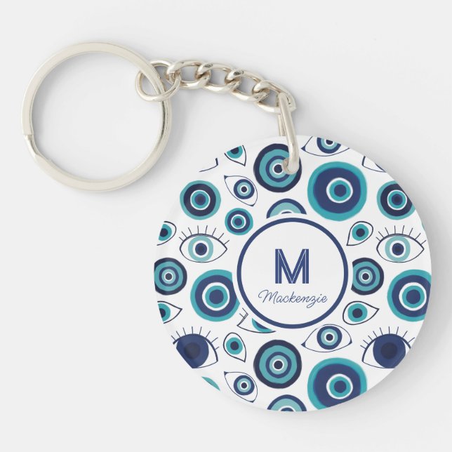 Chic Blue White Greek Evil Eye Monogram Keychain (Front)