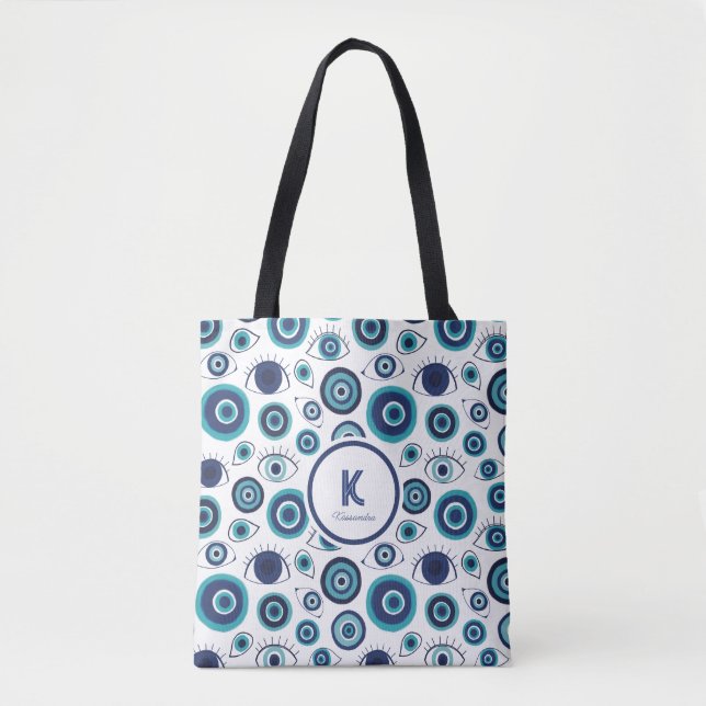 Chic Blue White Greek Evil Eye Monogram Tote Bag (Front)