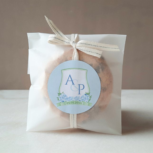 Chic Blue White Green Monogram Watercolor Crest Square Sticker (Sap Green Light Blue Hydrangea Wedding Crest favor sticker or wedding welcome pack label)