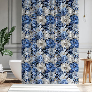 Chic Blue White Ivory Floral Modern Shower Curtain