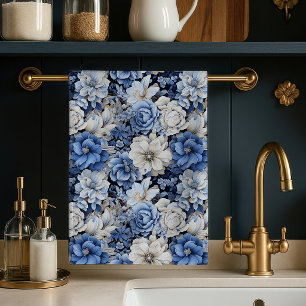 Chic Blue White Ivory Floral Soft Kitchen Hand   Towel