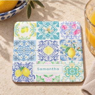 Chic Blue White Mediterranean Amalfi Tile Pattern Stone Coaster