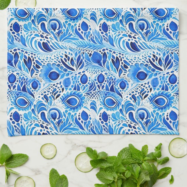 Chic Blue White Peacock Feathers Bridal Shower Kitchen Towel (Folded)