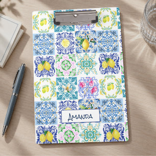 Chic Blue White Sicilian Amalfi Tile Pattern Clipboard