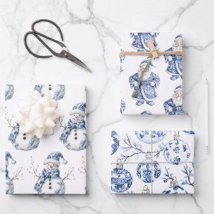 Chic Blue White Snowman Santa Christmas Wrapping Paper Sheet