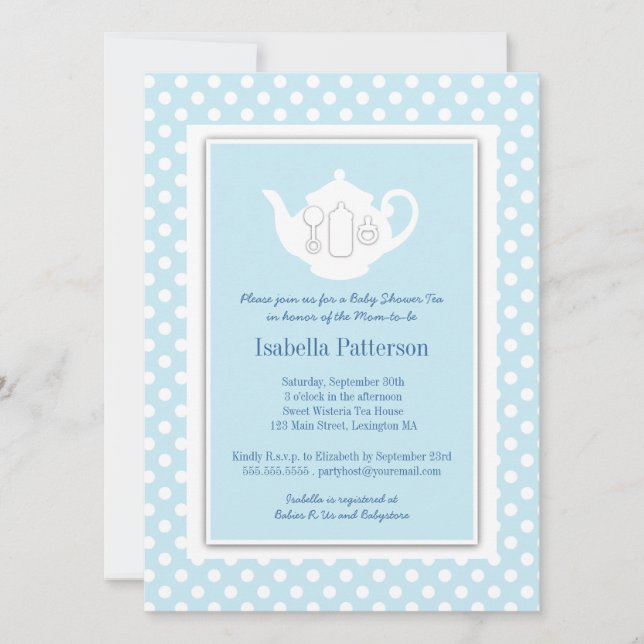 Chic Blue | White Teapot Baby Shower Tea Party Invitation (Front)
