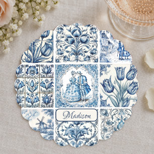 Chic Blue white toile de jouy Dolls and flowers  Paper Coaster