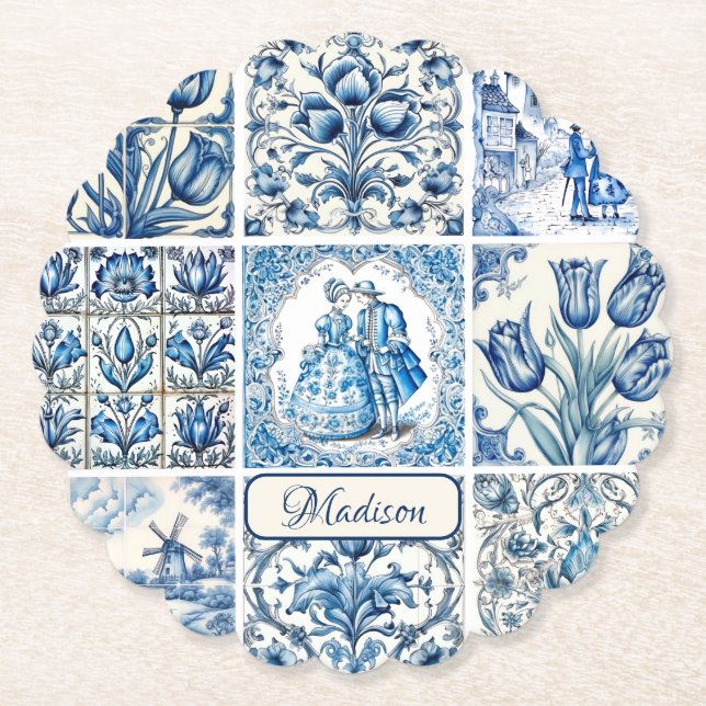 Chic Blue white toile de jouy Dolls and flowers  Paper Coaster (Front)
