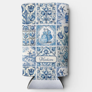 Chic Blue white toile de jouy Dolls and flowers Seltzer Can Cooler