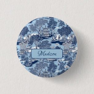 Chic Blue white willow chinoiserie cottage  1 Inch Round Button