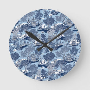 Chic Blue white willow chinoiserie cottage  Round Clock