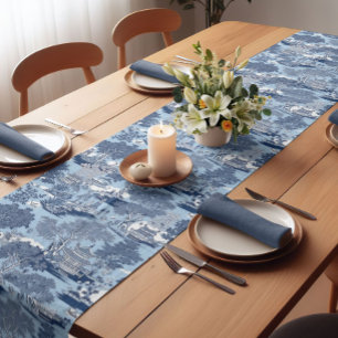 Chic Blue White Willow Chinoiserie Floral Short Table Runner