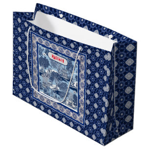 Chic Blue white willow chinoiserie toile monogram Large Gift Bag