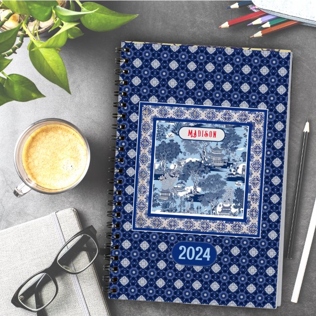 Chic Blue white willow chinoiserie toile monogram Planner (Creator Uploaded)