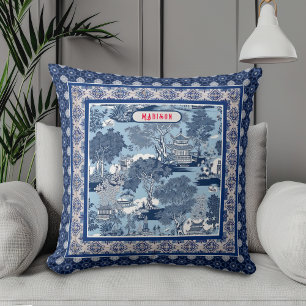 Chic Blue white willow chinoiserie toile monogram Throw Pillow