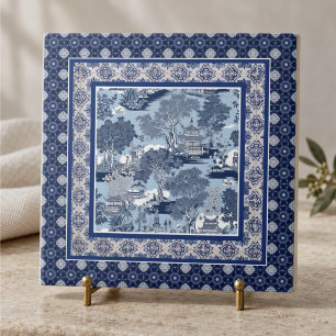 Chic Blue white willow chinoiserie toile monogram Tile