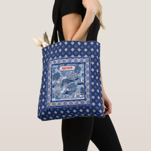 Chic Blue white willow chinoiserie toile monogram Tote Bag
