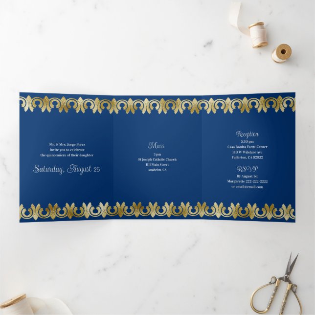 Chic Blue with Gold Quinceanera Party Invitation (Inside)