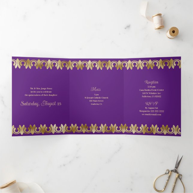 Chic Blue with Gold Quinceanera Party Invitation (Inside)
