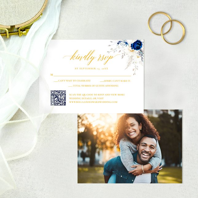 Chic Blue Yellow Floral Wedding QR Code RSVP Card (Creator Uploaded)