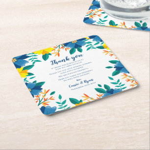 Chic Blue Yellow Floral Wedding Thank you Message Square Paper Coaster