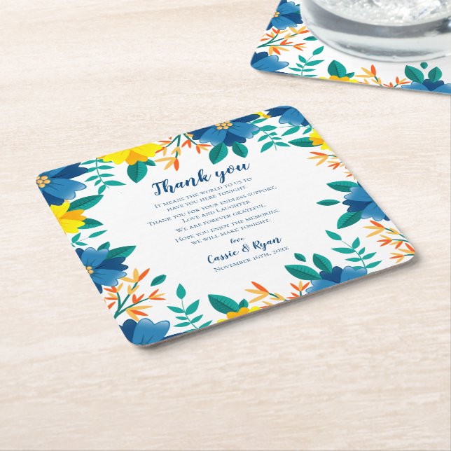 Chic Blue Yellow Floral Wedding Thank you Message Square Paper Coaster (Angled)