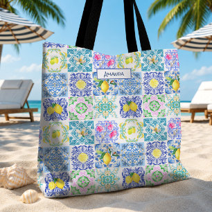 Chic Blue Yellow Sicilian Amalfi Azulejo Tiles Tote Bag
