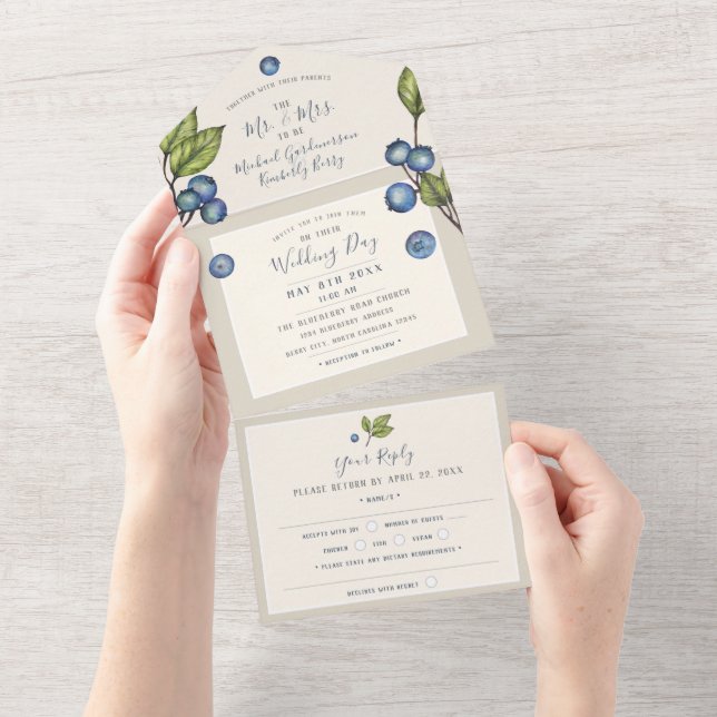 Chic Blueberries All in One Wedding Invite (Tearaway)