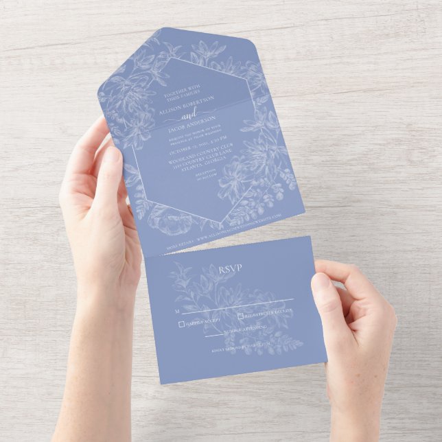 Chic Blueberry Blue White Floral Botanical Wedding All In One Invitation (Tearaway)