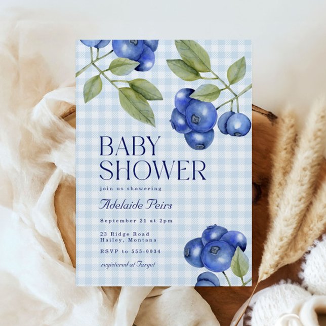Chic Blueberry Gingham Boy Baby Shower Invitation (Creator Uploaded)