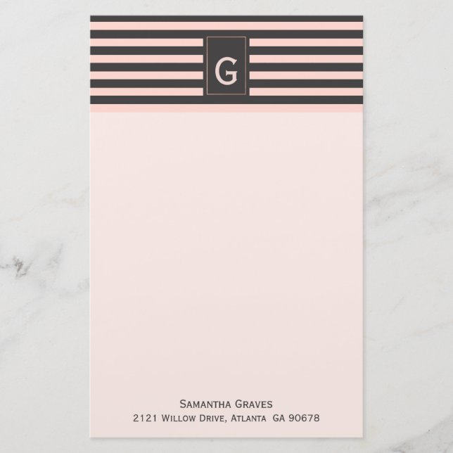 Chic Blush and Grey Monogrammed Stationery (Front)