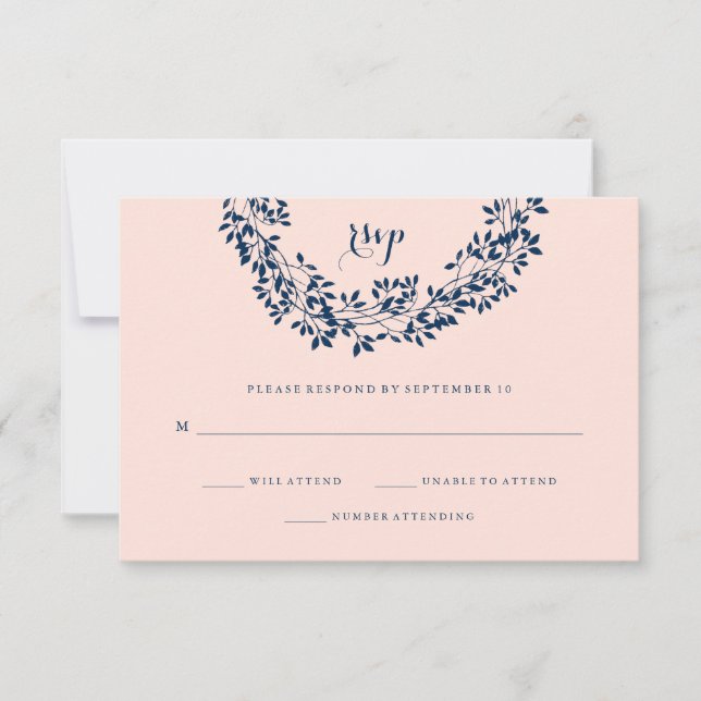 Chic Blush and Navy Botanical Wreath RSVP Card (Front)