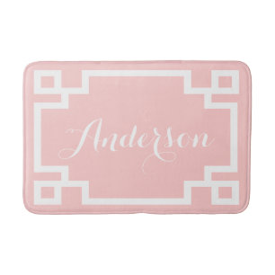 Chic Blush and White Greek Key Custom Monogram Bath Mat