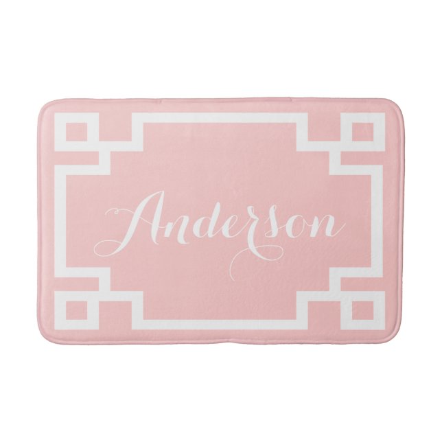 Chic Blush and White Greek Key Custom Monogram Bath Mat (Front)