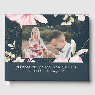 Chic Blush Blue Floral Photo Wedding Guest Book