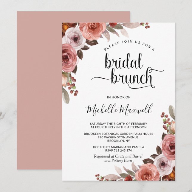 Chic Blush Burgundy and Pink Floral Bridal Brunch Invitation (Front/Back)