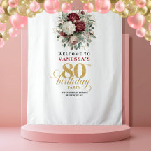 Chic Blush Burgundy Floral 80th Birthday Backdrop