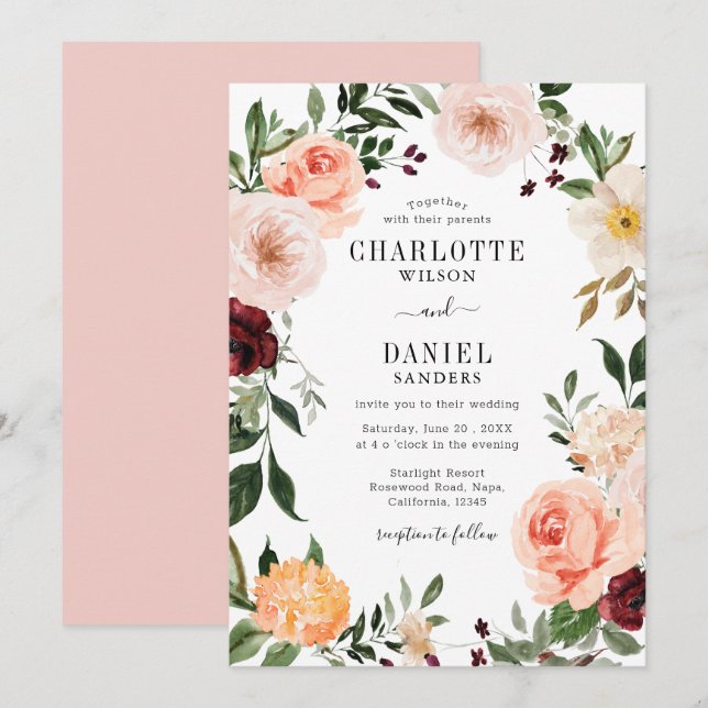 Chic Blush & Burgundy Floral Frame Wedding Invitation (Front/Back)