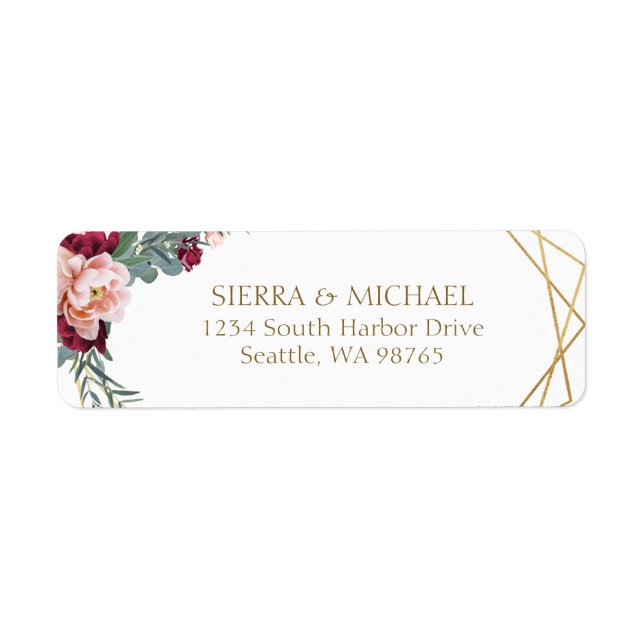 Chic Blush Burgundy Gold Wedding Return Address (Front)