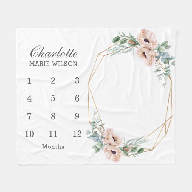 Chic Blush Dusty Pink Floral Monthly Milestone Bab Fleece Blanket