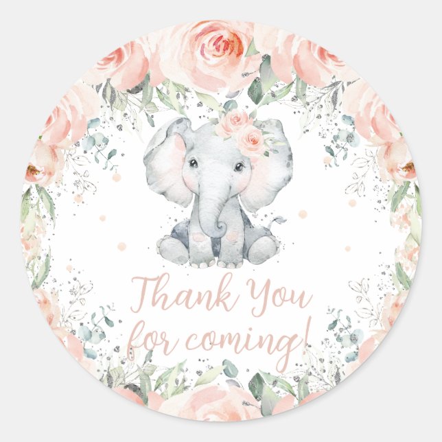 Chic Blush Floral Elephant Birthday Baby Shower  Classic Round Sticker (Front)