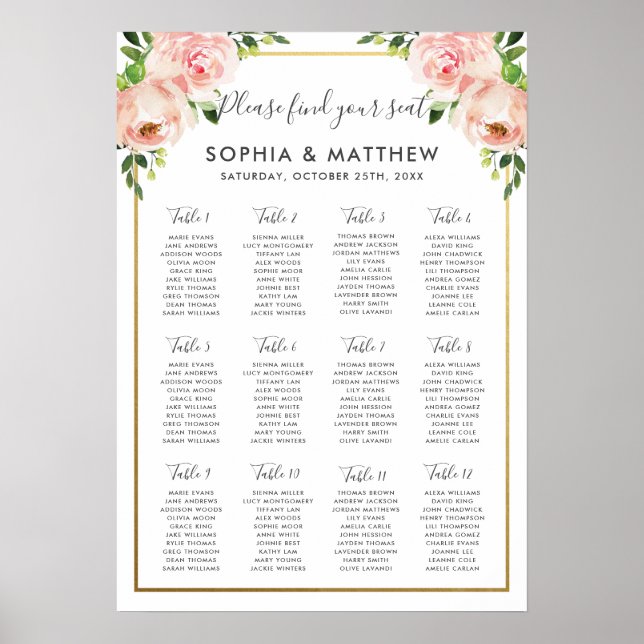 Chic Blush Floral Flowers Mariage Tableau de siège (Devant)