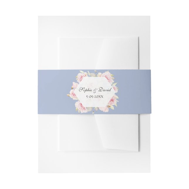 Chic Blush Floral Geometric Dusty Blue Wedding Invitation Belly Band (Front Example)