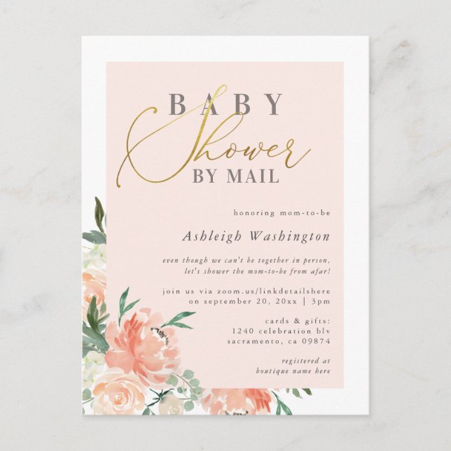 Chic Blush Floral Gold Script Baby Shower By Mail Invitation Postcard (Front)