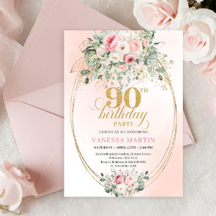 Chic Blush Floral Greenery 90th Birthday Invite