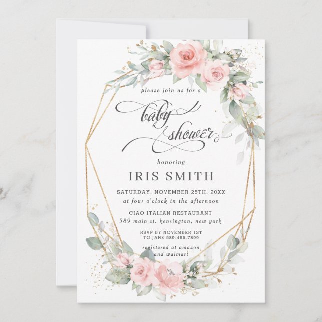 Chic Blush Floral Greenery Baby Shower Geometric Invitation (Front)