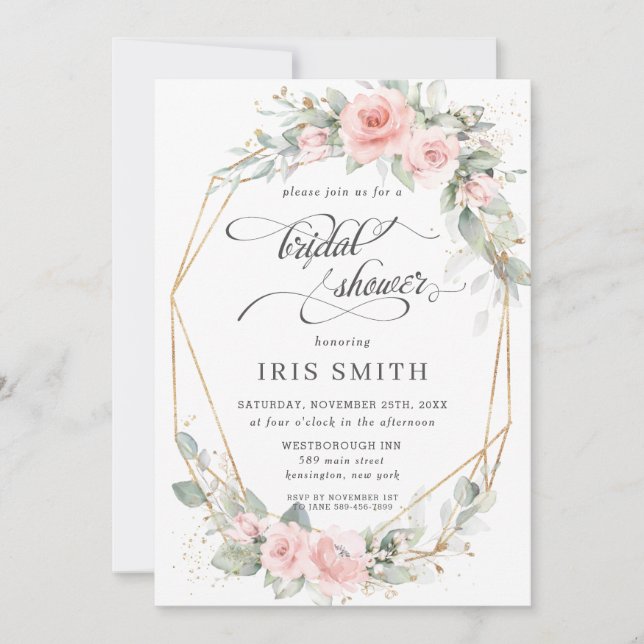 Chic Blush Floral Greenery Bridal Shower Geometric Invitation (Front)