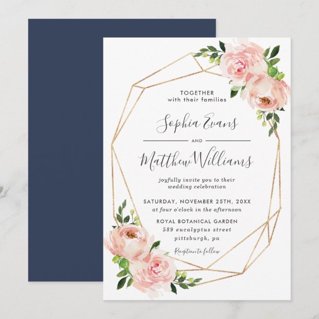 Chic Blush Floral Greenery Geometric Frame Wedding Invitation (Front/Back)