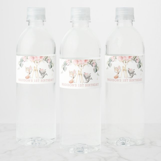 Chic Blush Floral Greenery Woodland 1st Birthday Water Bottle Label (Bottles)